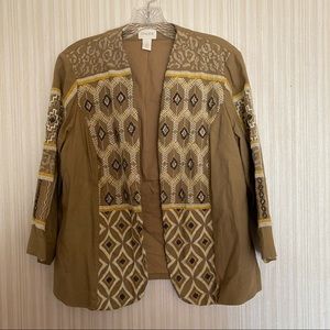 Chico’s Open Front Blazer Jacket Embroidered 3/4 Sleeve Size 1
